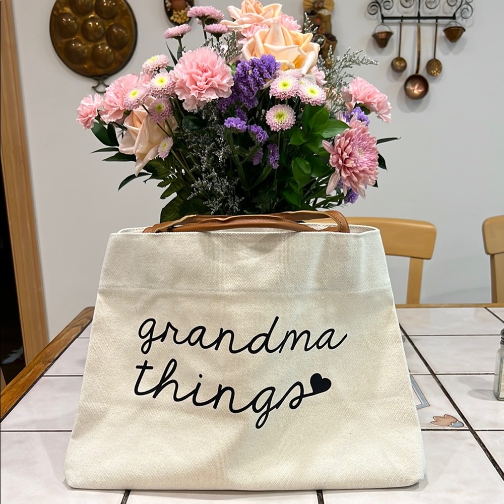 Canvas NEW Tote Bag with 'Grandma Things' Print and leather handles
